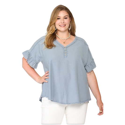 V-Neck Plus Top with Ruffled Sleeves